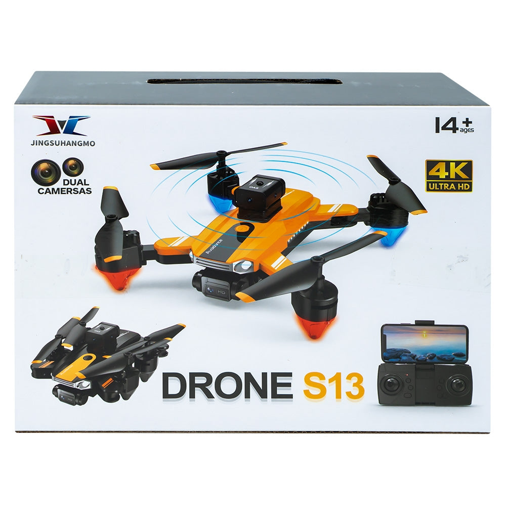 Box of Jingshuangmo Drone S13 with drone graphics and features on a white background