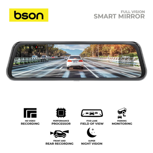 Bson Full Vision Smart Mirror, Ultra HD 2K Front Camera & 1080P Rear Camera, with 10-Inch IPS Touch Screen, Supports WiFi, Night Vision, Loop Recording, 170° Wide Camera Angle