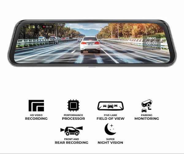 BSON smart mirror with display of a car on a road, features listed below.
