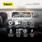 Bson Full Vision Smart Mirror, Ultra HD 2K Front Camera & 1080P Rear Camera, with 10-Inch IPS Touch Screen, Supports WiFi, Night Vision, Loop Recording, 170° Wide Camera Angle