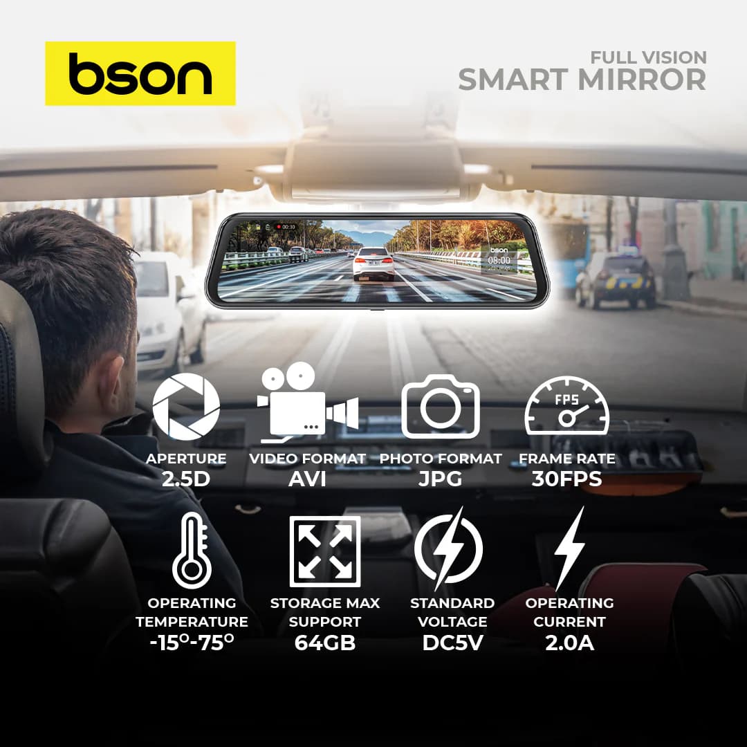 Bson Full Vision Smart Mirror, Ultra HD 2K Front Camera & 1080P Rear Camera, with 10-Inch IPS Touch Screen, Supports WiFi, Night Vision, Loop Recording, 170° Wide Camera Angle