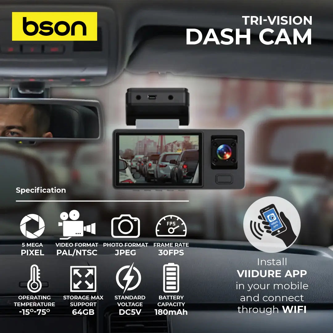 Bson TriVision Dash Cam 1080P Triple Camera WiFi